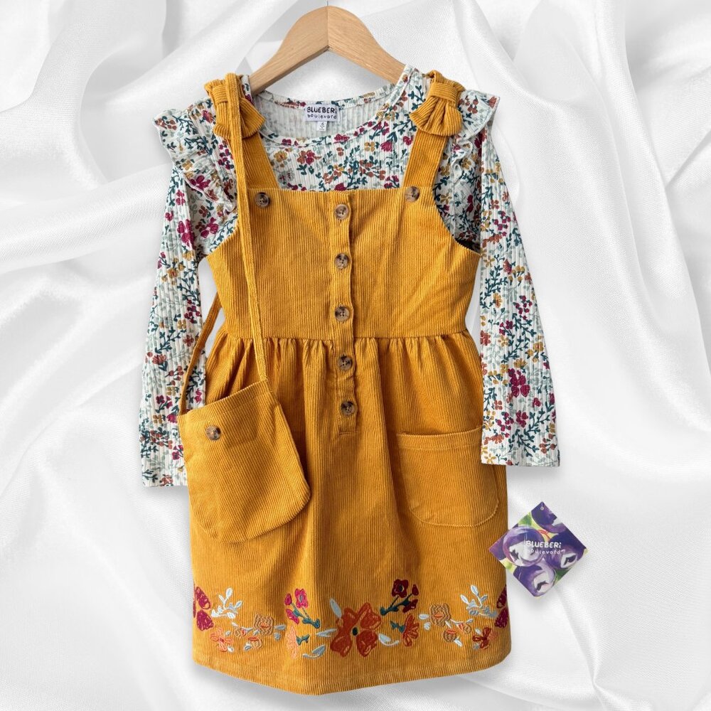 NWT! Corduroy Pinafore Dress Set | Floral Ruffle Long Sleeve | Cottagecore